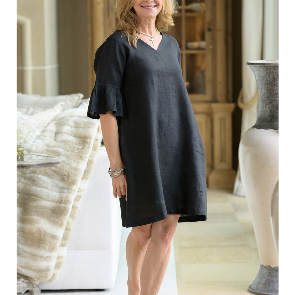 100% Linen Knee Length Ruffle Sleeve Dress Relaxed Artisan Minimalist Style